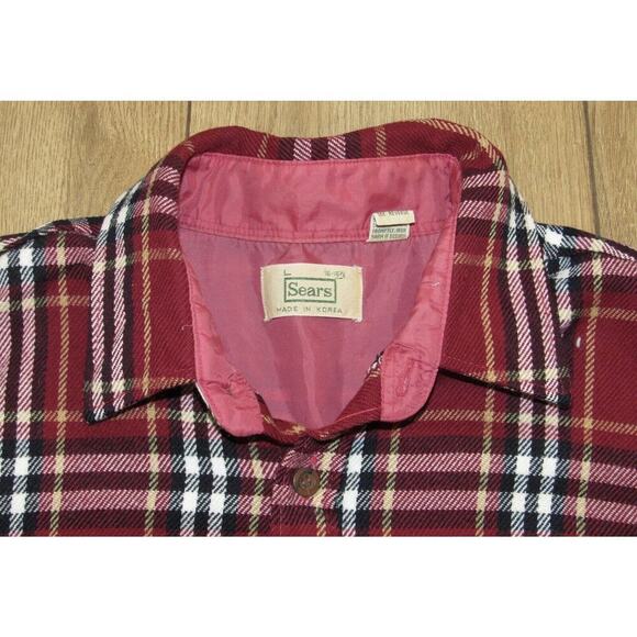 Vintage Sears Red Plaid Flannel Lightweight Button Shirt Large 16-16 1/2 - Picture 4 of 14
